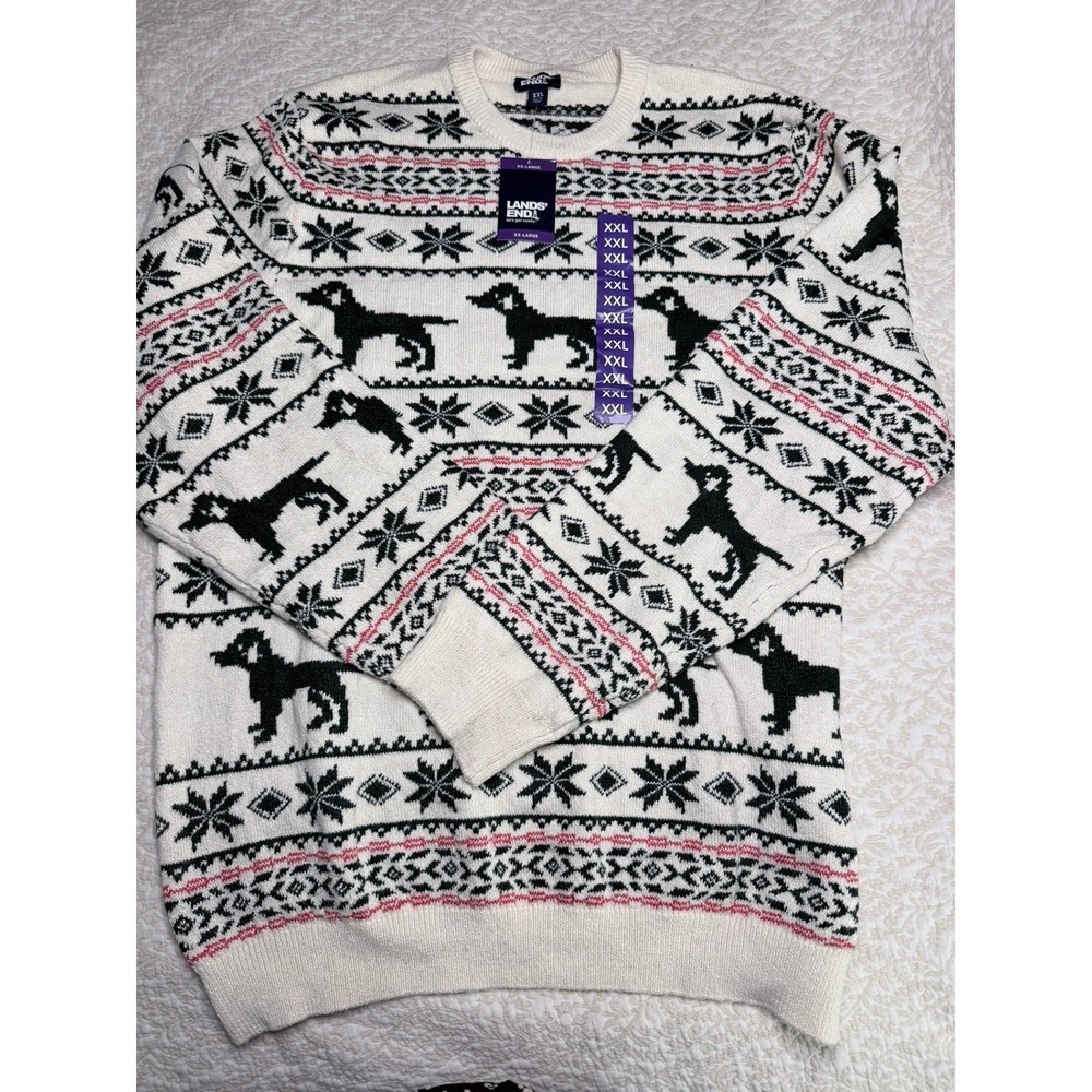 Lands End Mens XXL Fair Isle Dachshund Dog Snowflake Sweater Ivory White NWT